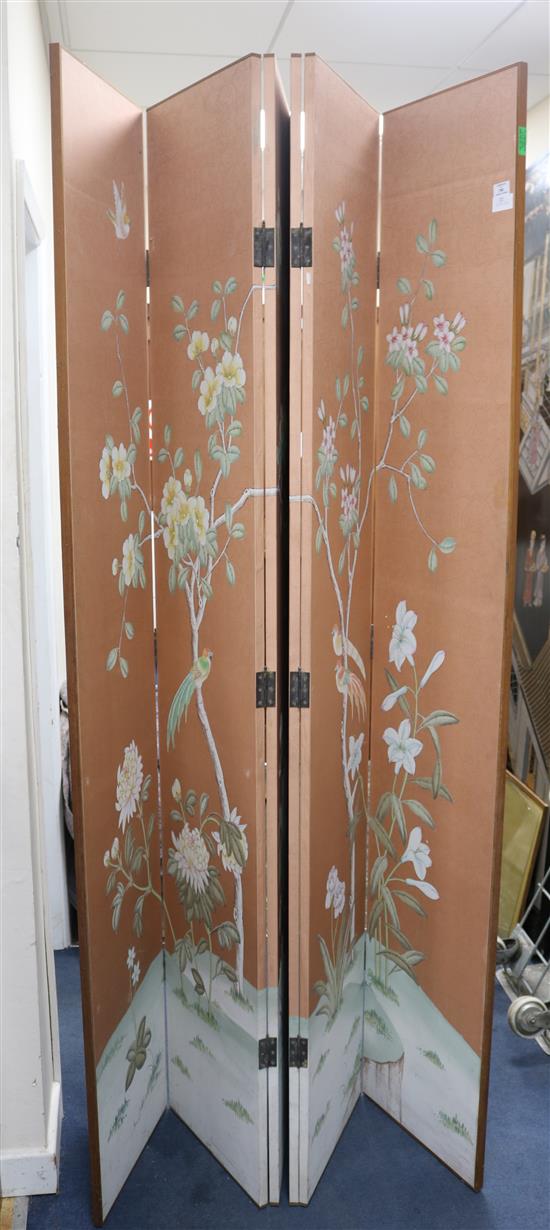 An Eastern gouache painted paper covered six fold dressing screen, decorated with birds and flowers, each panel W.40 H.213cm